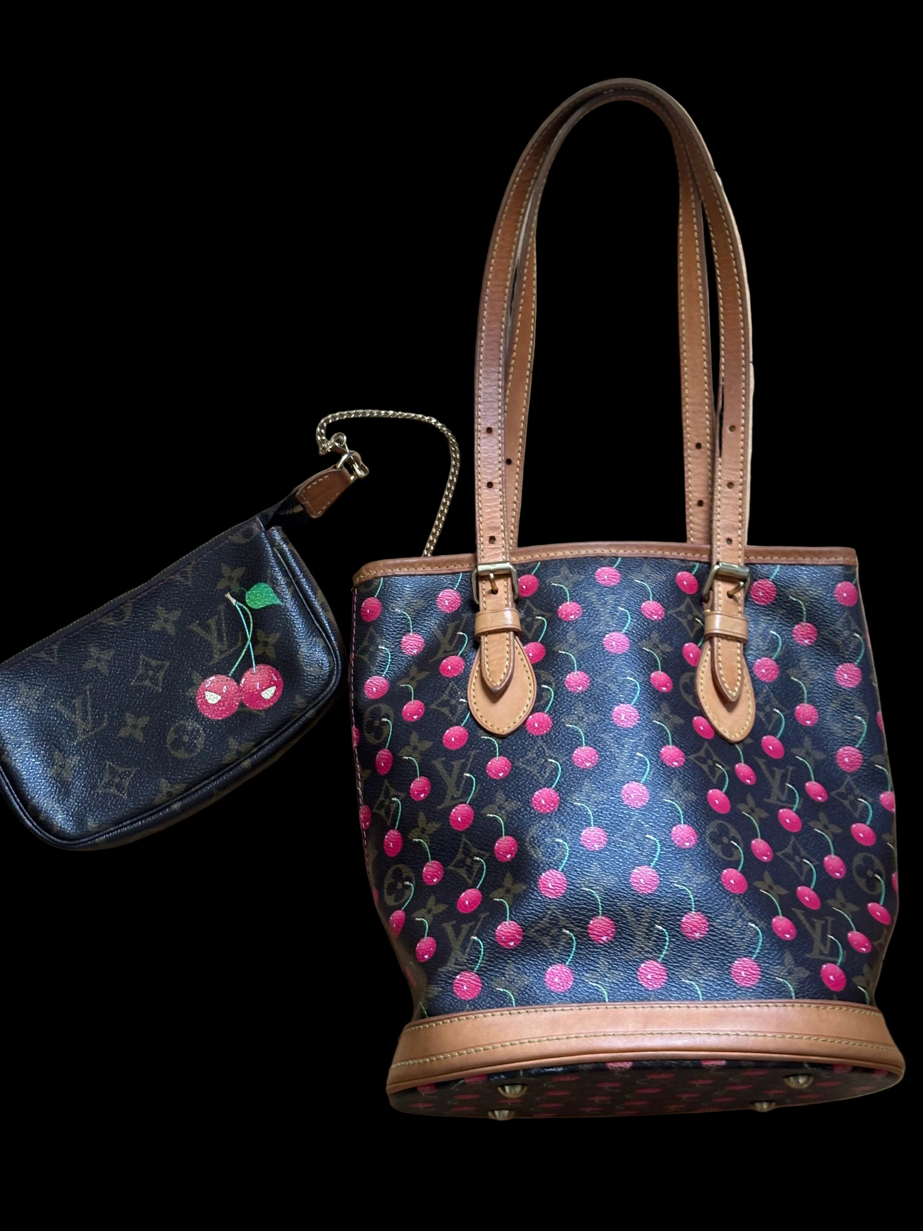 Louis vuitton Murakami cherry bucket bag and pouch