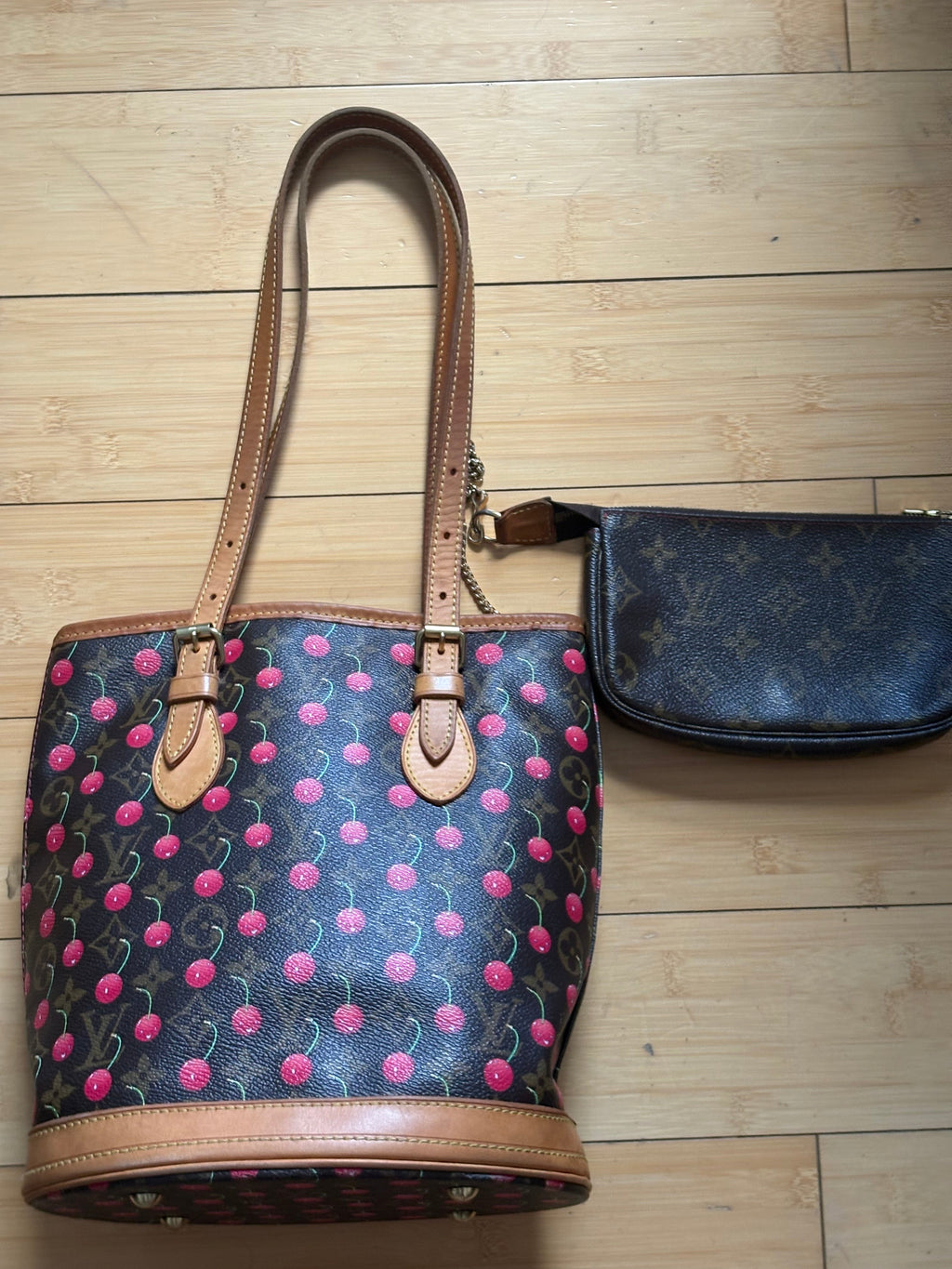 Louis vuitton Murakami cherry bucket bag and pouch